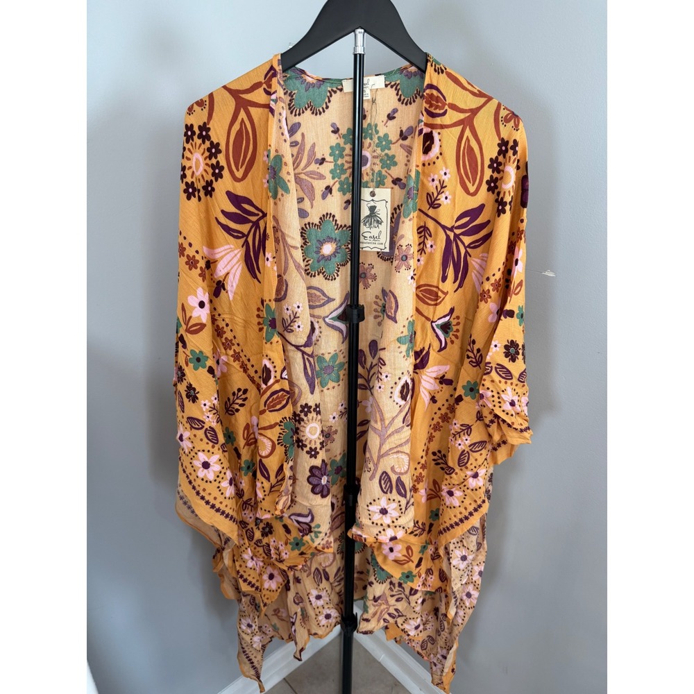 Easel Kimono Wrap Women S Yellow Floral Boho Open Front Cardigan Festival Beach